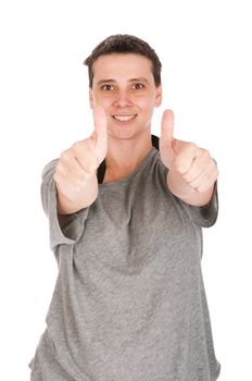 smiling casual woman with thumbs up gesture, isolated on white background