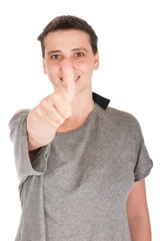 smiling casual woman with thumb up gesture, isolated on white background