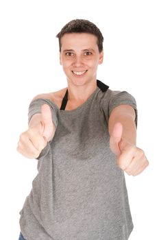 smiling casual woman with thumbs up gesture, isolated on white background