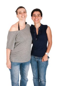 happy smiling sisters portrait in their 30s, isolated on white background