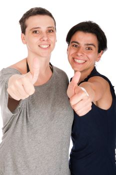 happy smiling sisters showing thumbs up sign, isolated on white background