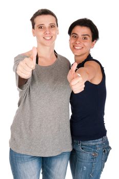 happy smiling sisters showing thumbs up sign, isolated on white background