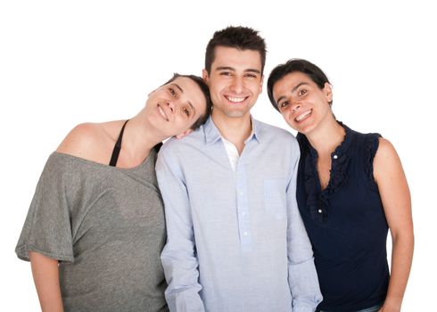 happy smiling brother and his two sisters portrait (isolated on white background)