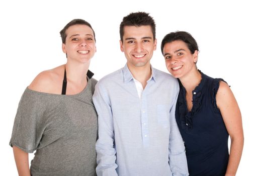 happy smiling brother and his two sisters portrait (isolated on white background)