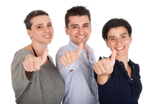 happy smiling brother and sisters showing thumbs up sign (isolated on white background)