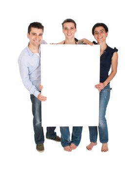 happy smiling brother and sisters holding a banner ad (full length picture, isolated on white background)