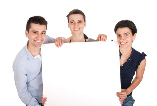 happy smiling brother and sisters holding a banner ad, isolated on white background