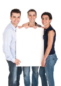 happy smiling brother and sisters holding a banner ad, isolated on white background