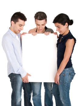 surprised brother and sisters looking at a banner ad, isolated on white background