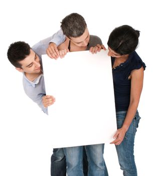 surprised brother and sisters looking at a banner ad, isolated on white background