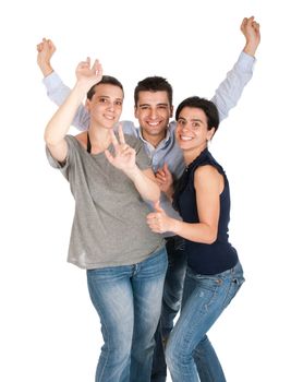 happy smiling brother and sisters having fun celebrating something, cheering and gesturing (isolated on white background)