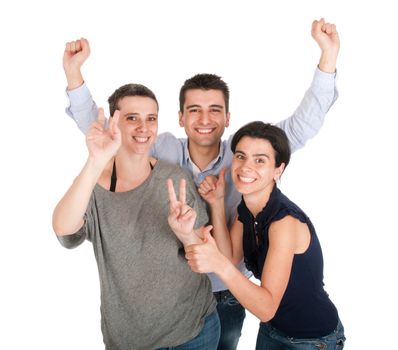 happy smiling brother and sisters having fun celebrating something, cheering and gesturing (isolated on white background)