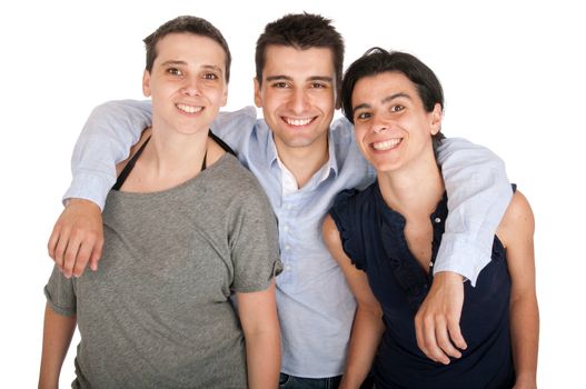 happy smiling brother and his two sisters portrait (isolated on white background)