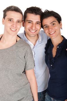 happy smiling brother and his two sisters portrait (isolated on white background)