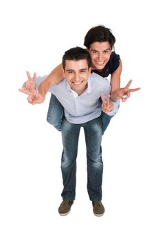 happy smiling brother and sister showing victory hand sign while playing together piggyback (full length picture, isolated on white background)