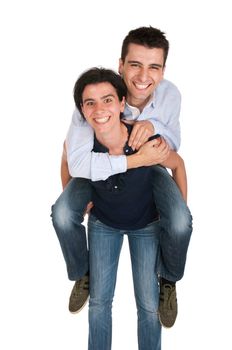 loving sister gives piggyback to her brother, happy hugging (isolated on white background)