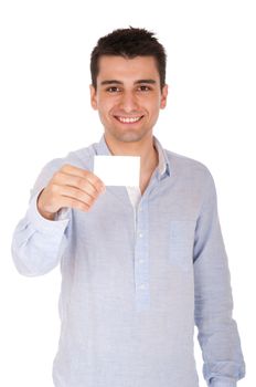 smiling young casual man holding blank white card (isolated on white background)