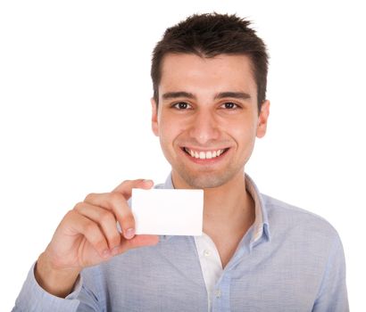 smiling young casual man holding blank white card (isolated on white background)