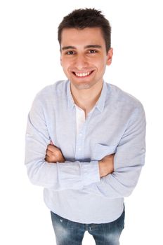 smiling young casual man portrait (picture from above, isolated on white background)