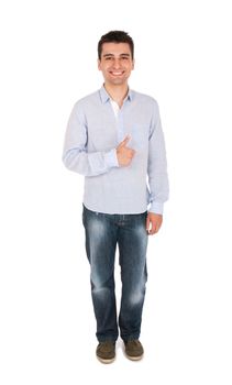 smiling young casual man showing thumbs up sign (full length picture, isolated on white background)