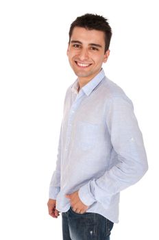 smiling young casual man posing (profile picture, isolated on white background)