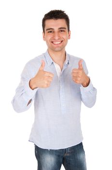 smiling young casual man showing thumbs up sign (isolated on white background)