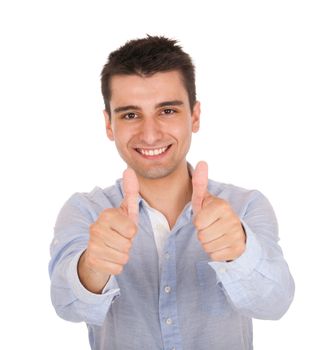 smiling young casual man showing thumbs up sign (isolated on white background)