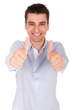 smiling young casual man showing thumbs up sign (isolated on white background)