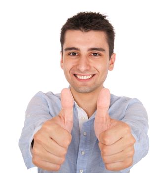 smiling young casual man showing thumbs up sign (isolated on white background)