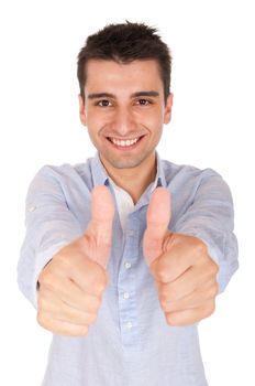 smiling young casual man showing thumbs up sign (isolated on white background)