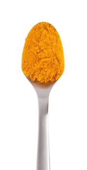 turmeric spice on a stainless steel spoon, isolated on white background