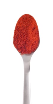 sweet paprika spice on a stainless steel spoon, isolated on white background