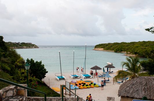 WILLIKIES, ANTIGUA - AUGUST 17: Verandah Resort and Spa beach on Long Bay at sunset on August 17, 2011 in Willikies, Antigua