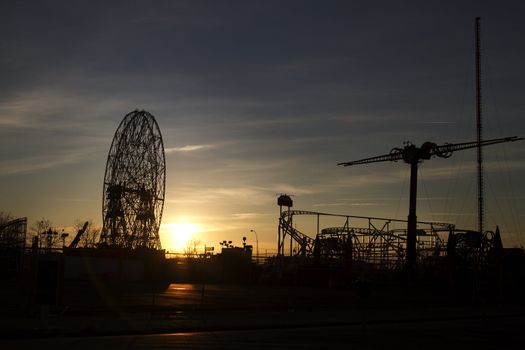 Early morning sunrise on the coney island theme park