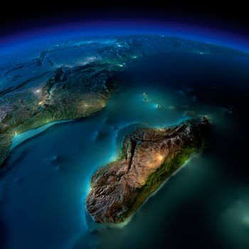 Highly detailed Earth, illuminated by moonlight. The glow of cities sheds light on the detailed exaggerated terrain and translucent water of the oceans. Elements of this image furnished by NASA