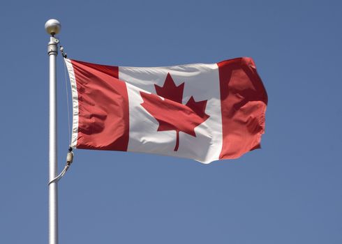 Horizontal photo of the Canadian flag flying with a blue sky.