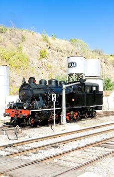 steam locomotive at railway station in Tua, Douro Valley, Portugal