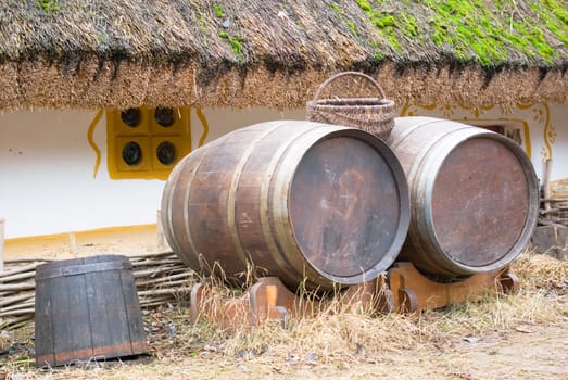 Two old fashionned wood barrel. Wooden barrel.