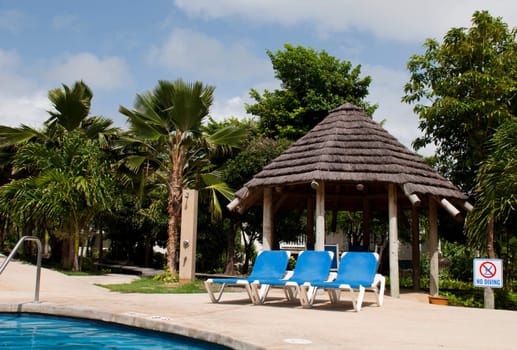 gorgeous swimming pool area with chairs and big umbrella or bungalow on a tropical resort (surrounded by palm trees)