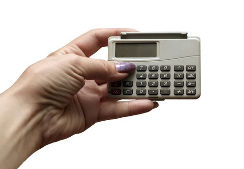 The female hand holds the calculator on a white background