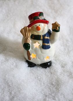 Toy of the snowman in snow