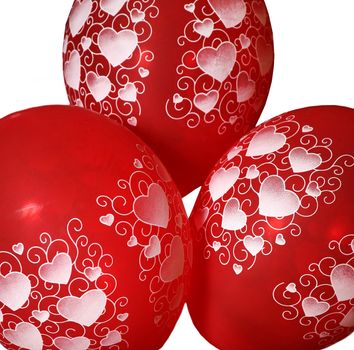 Three red balloons with hearts on a white background
