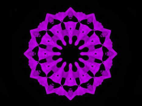 A circular mandala shaped fractal done in shades of mauve on a black background.