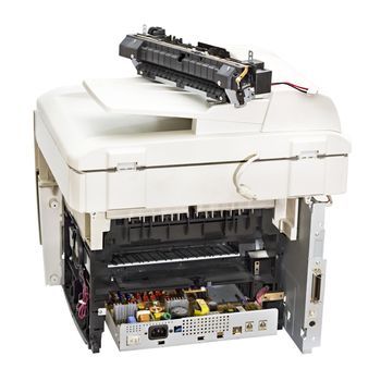 broken laser printer isolated on white background