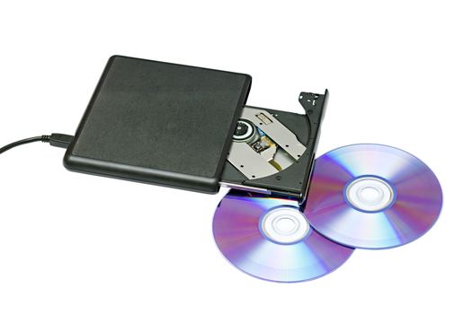 external dvd drive and disks on a white background