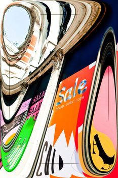 Sale sign in vibrant colors at a department store in London, UK