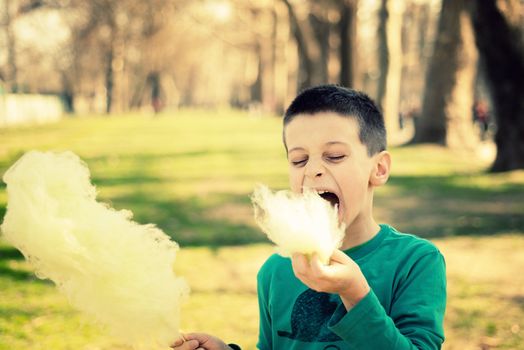 Lagre sugarwool bite taken by a young boy in a park