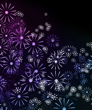 Abstract illustration depicting many pale pink, blue and purple flowers against black background.