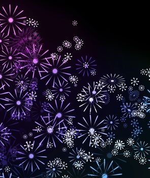 Abstract illustration depicting many pale pink, blue and purple flowers against black background.