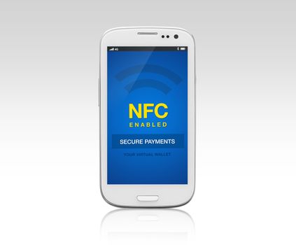 A NFC enabled mobile phone with reflection on gradient background. 